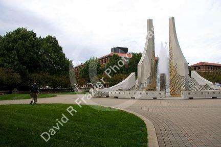 An artistic water fountain on the campus of Purdue University at West Layfayette, Indiana.