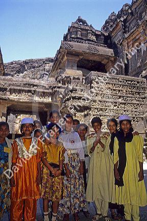 A group of Indian woman at the Ellora Caves in India.