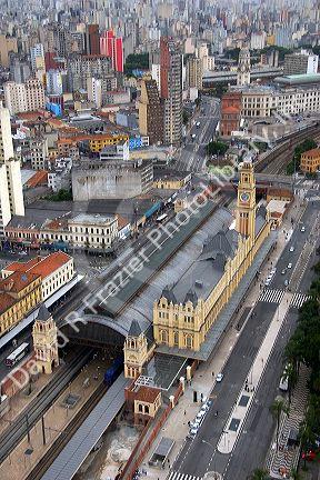 Aerial view of the old train station, Estacion Luz in Sao Paulo, Brazil.