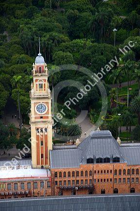 Clock tower on Estacion Luz train station building in Sao Paulo, Brazil.