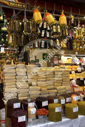 Olives and olive oil for sale at the Mercado Municipal in Sao Paulo, Brazil.