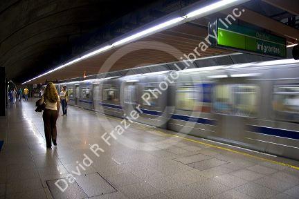 Moving train at a subway station in Sao Paulo, Brazil.