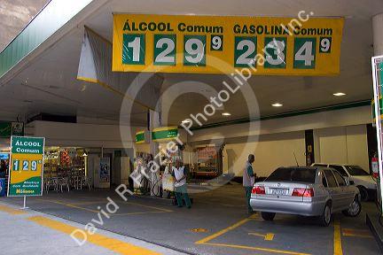 A gas station showing prices for gasoline and alcohol in litres in Sao Paulo, Brazil.