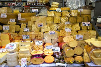 Varieties of cheese for sale at the Mercado Municipal in Sao Paulo, Brazil.