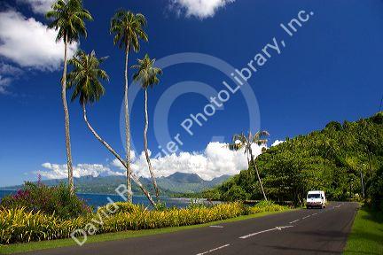Road and scenic view of the seascape on the island of Tahiti.