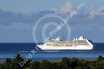 The Paul Gaugin cruise ship off the island of Tahiti.