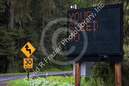 Radar operated digital road sign telling motorists their speed on U.S. 101 north of Eureka, California.