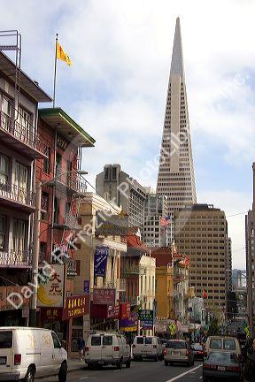 Street scene in Chinatown and a view of the Trans America building in San Francisco, California.