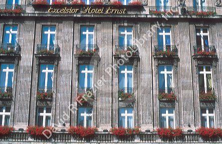 Flower window boxes on hotel at Cologne, Germany.