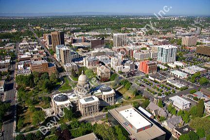 Aerial view of downtown Boise and the state capitol building in Idaho.
