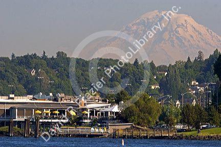 Mt. Rainier looms over the city of Seattle, Washington.