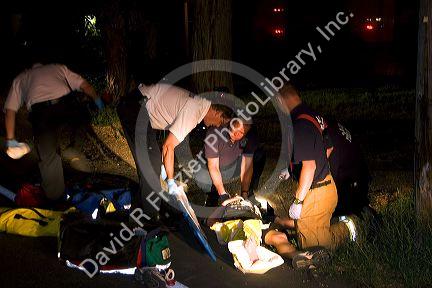 Paramedics with patient at night in Boise, Idaho.