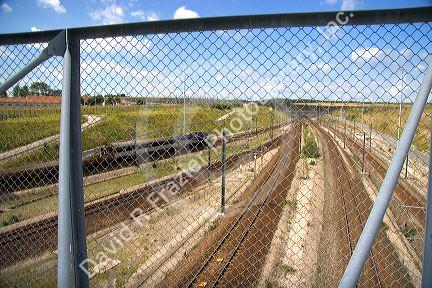A fenced security area at the entrance to the Chunnel at Calais in the department of Pas-de-Calais, France.