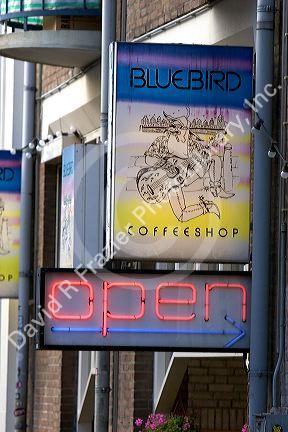 A sign for the Bluebird coffee shop in Amsterdam, Netherlands.