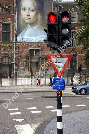 Stop light in front of the Rijksmuseum in Amsterdam, Netherlands.