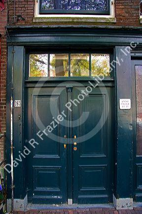Front door of the Anne Frank House in Amsterdam, Netherlands.