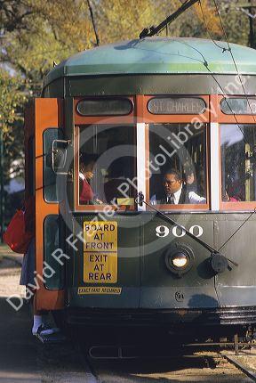 A streetcar on St. Charles Avenue in New Orleans, Louisiana.