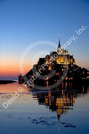 Le Mont Saint Michel at sunset in the region of Basse-Normandie, France.