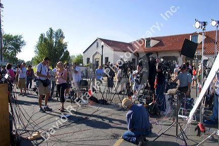 Media crews await a press conference with Idaho Senator Larry Craig in Boise, Idaho.