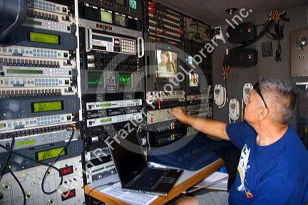 Interior of a news media van at a press conference in Boise, Idaho.