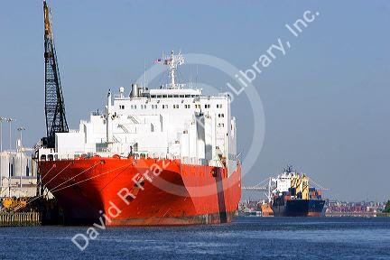 Container ships on the Savannah River at the Port of Savannah in Savannah, Georgia.
