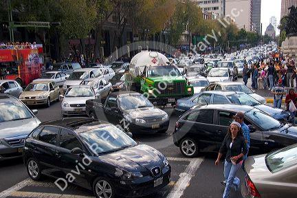 Heavy traffic at the intersection of Paseo de la Reforma and Eje Central Lazaro Cardenas in Mexico City, Mexico.
