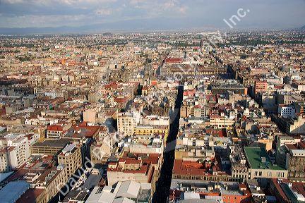 Aerial view of Mexico City, Mexico with the national palace in center at the Zocalo.