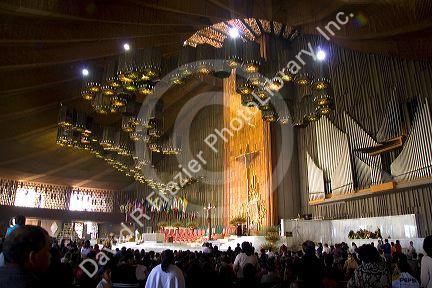 The interior of the modern Basilica of Guadalupe in Mexico City, Mexico.