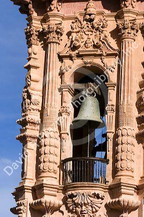 A bell on the parish church Santa Prisca at Taxco in the State of Guerrero, Mexico.