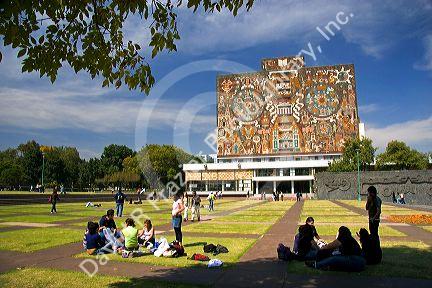 Students study near the Central Library on the campus of the National Autonomous University of Mexico in Mexico City, Mexico.