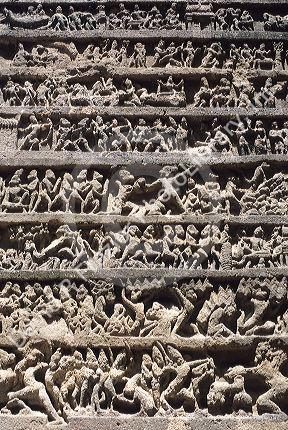 Ellora Cave carvings in India.  Close up detail of rock carvings.