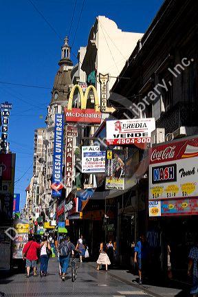 Business storefronts along Lavalle Street in Buenos Aires, Argentina.