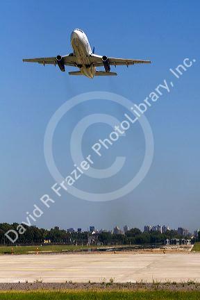 Boeing 737 airplane taking off from the Aeroparque Metropolitano Jorge Newbery in Buenos Aires, Argentina.