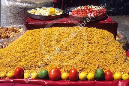 A traditional indian food display on the streets of India.