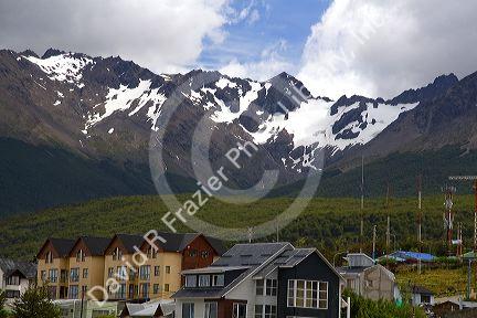 Housing below the Martial mountain range at Ushuaia on the island of Tierra del Fuego, Argentina.