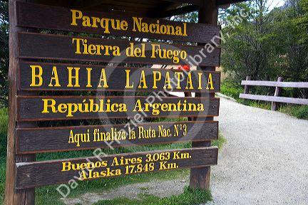 The Bahia Lapataia trailhead, marking the end of the Pan-American road in Tierra del Fuego National Park, Argentina.