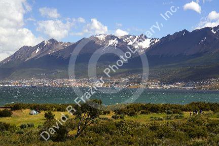 Tent camping on the bay at Ushuaia, Argentina.