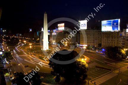 The Obelisk at night in the Plaza de la Republica in Buenos Aires, Argentina.