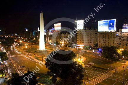 The Obelisk at night in the Plaza de la Republica in Buenos Aires, Argentina.