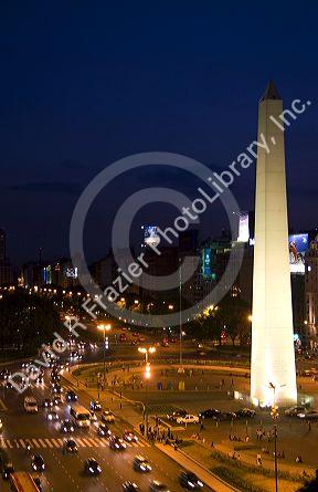 The Obelisk at night in the Plaza de la Republica in Buenos Aires, Argentina.