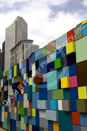 Synchronicity of Color public art installation by Margo Sawyer at Discovery Green public park in Houston, Texas.