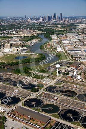 Aerial view of a sewage treatment facility along the Houston Ship Channel in Houston, Texas.