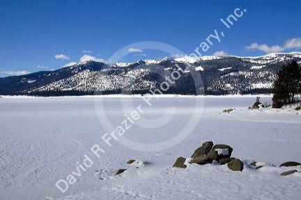 Cascade Lake covered in ice and snow in Cascade, Idaho.
