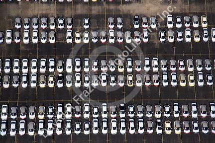 Aerial view of new imported cars at the Port of Houston in Houston, Texas.
