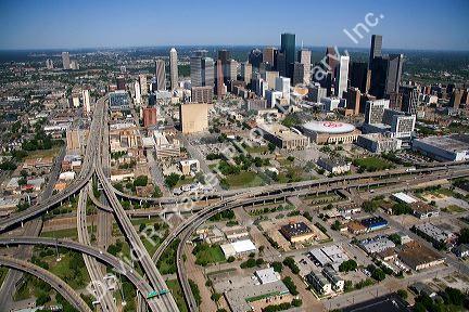 Aerial view of the freeway interchange of Interstate 45 and U.S. Highway 59 in the city of Houston, Texas.