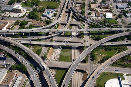 Aerial view of the freeway interchange of Interstate 45 and U.S. Highway 59 in Houston, Texas.