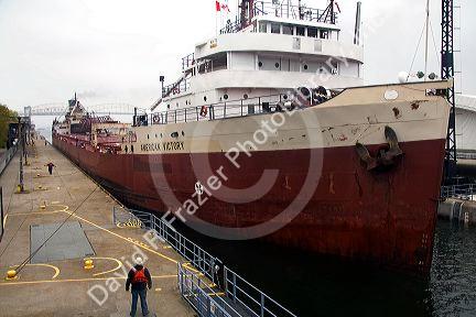 American Victory freighter in the Soo Locks at Sault Ste. Marie, Michigan.
