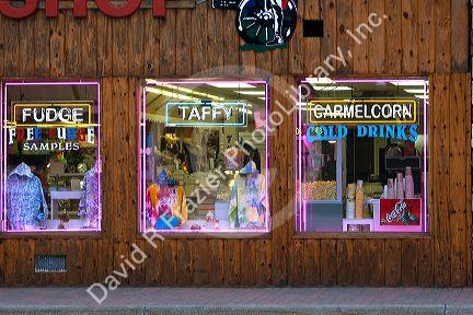 Window displays of a typical tourist gift shop in Mackinaw City, Michigan.