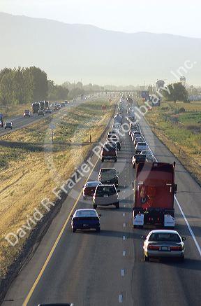 Cars traveling on the morning commute on Interstate 84 near Boise, Idaho.