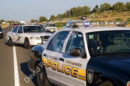 Police cars on the scene of a car accident at Kennewick, Washington.